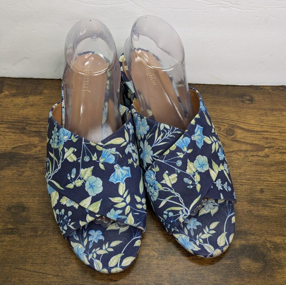 J. McLaughlin Tribeca Slide Sandals 10 Blue Floral Crossover Heels